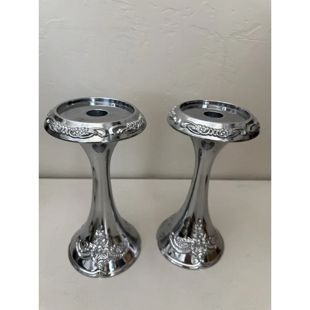 Vintage Baroque Style Cast Aluminum‎ Pillar Taper Embossed Candlesticks Pair